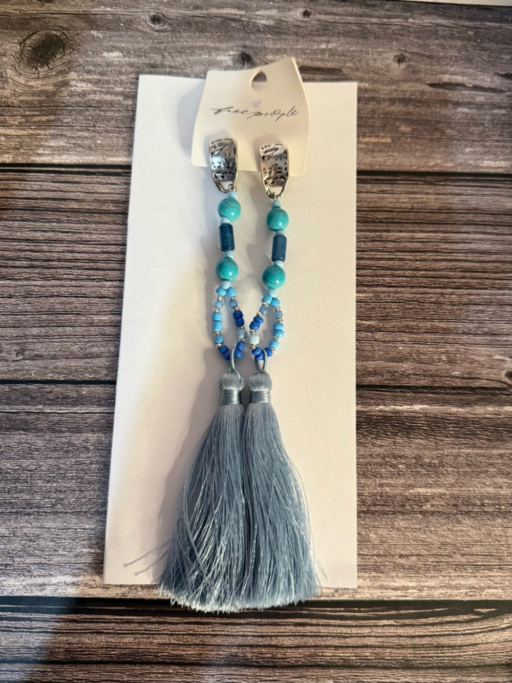NWT Free People Blue and Teal Beaded Tassel Earrings Boho